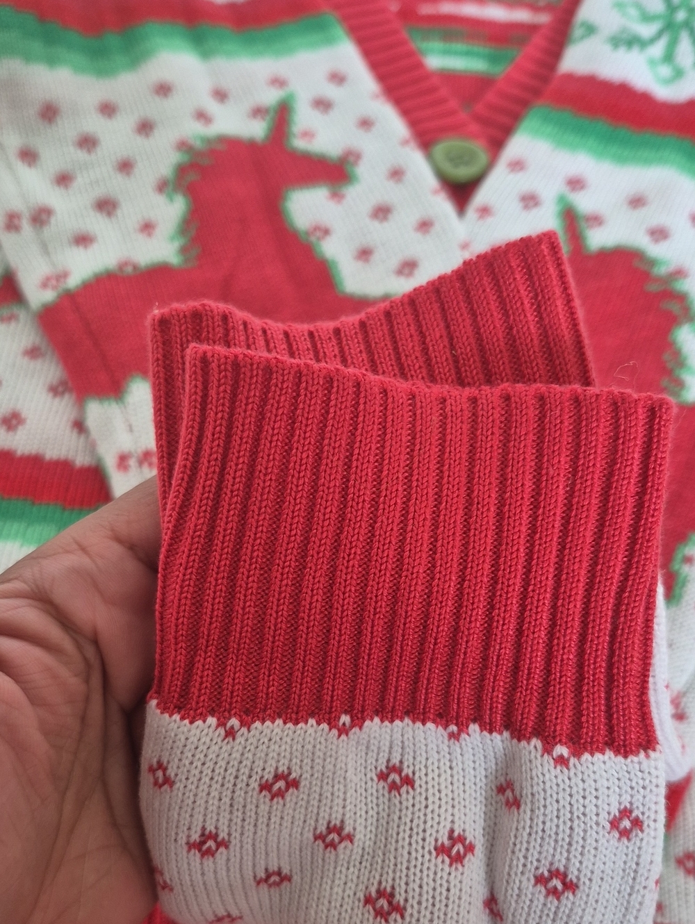 Tipsy Elves Red, Green & White Unicorn Holiday Cardigan - Picture 14 of 16
